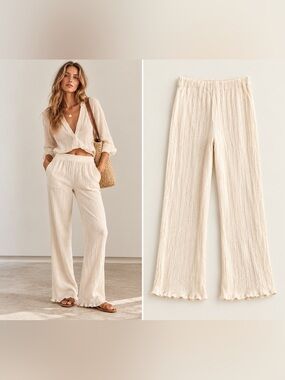 New! Savannah Morrow NAIA Pants Ivory Cream Crinkle Wide Leg Organic Cotton – L